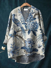 Women's Vintage Lovely Floral Birds Art Print Casual Cotton And Linen V-neck Shirt